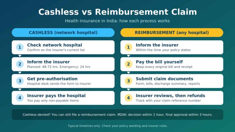 cashless vs reimbursement health insurance claim process flowchart